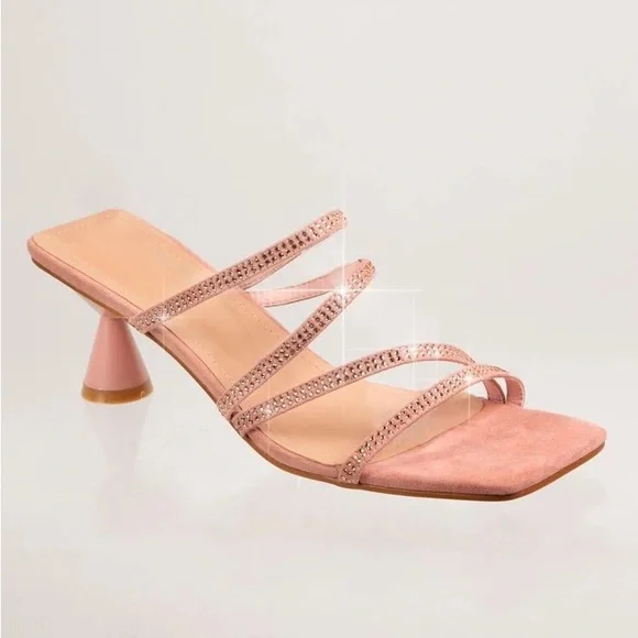 Strapped Rhinestone Open Back Low Flare Heels - Picture 2 of 4